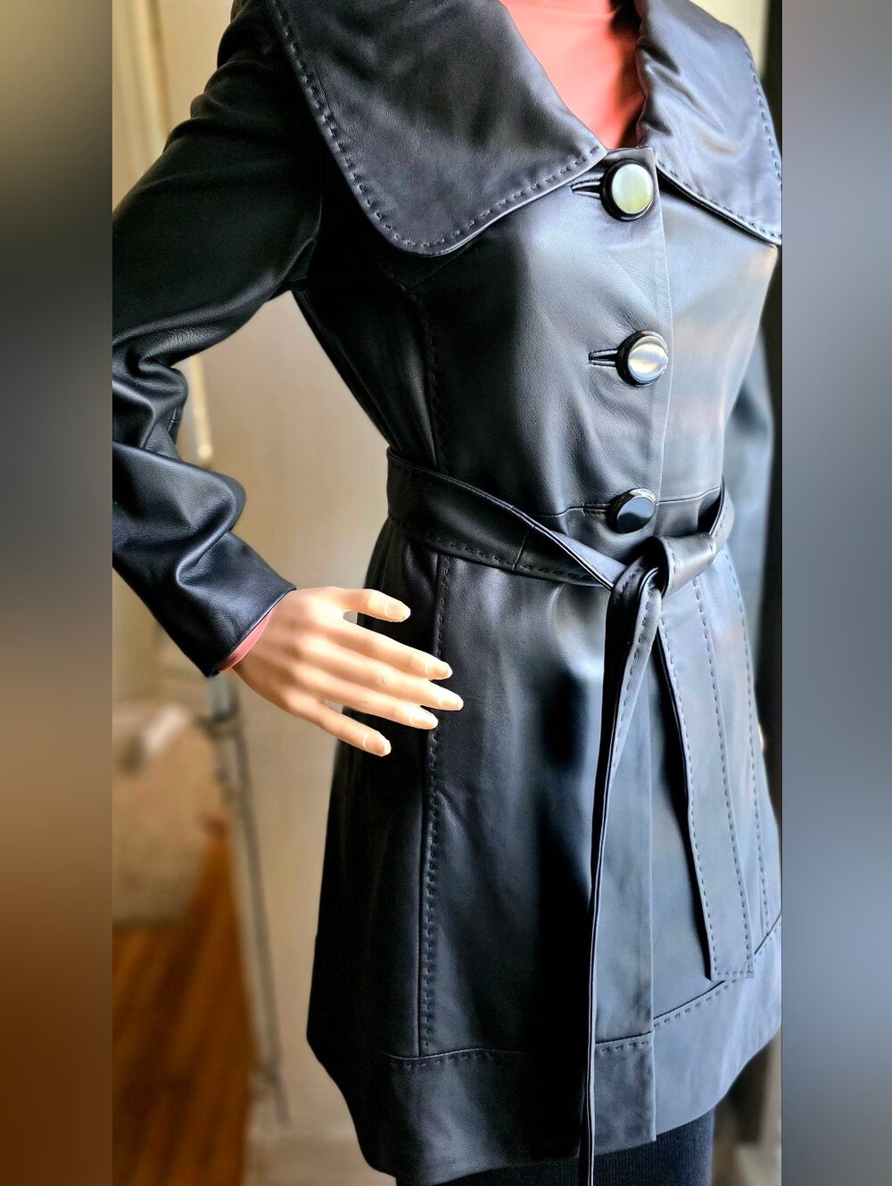 Classiques Entier XS Black Genuine Leather Belted Coat Zebra Lining